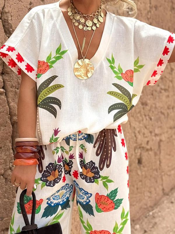 High Waisted Loose Drawstring Elasticity Printed Split-Joint Pants Trousers Product Image