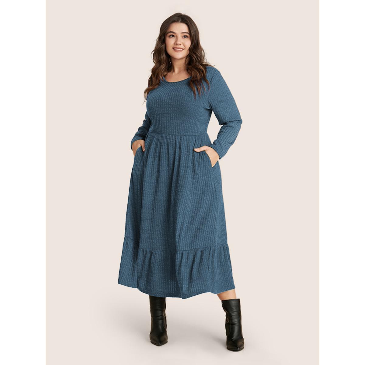 Plus Size Solid Pocket Rib Knit Ruffle Hem Dress Without Belt Coral Women Basics Non Round Neck Long Sleeve Curvy Midi Dress BloomChic 14-16/1X Product Image