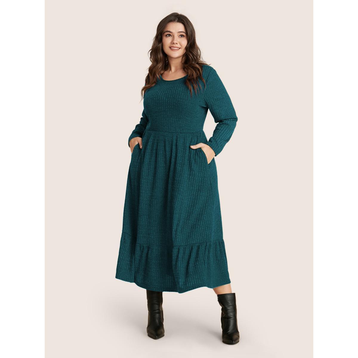 Plus Size Solid Pocket Rib Knit Ruffle Hem Dress Without Belt Aegean Women Leisure Non Round Neck Long Sleeve Curvy Midi Dress BloomChic 12/L Product Image