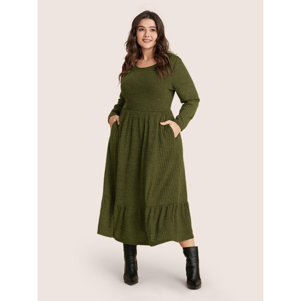 Plus Size Solid Pocket Rib Knit Ruffle Hem Dress Without Belt Aegean Women Leisure Non Round Neck Long Sleeve Curvy Midi Dress BloomChic 26/4X Product Image