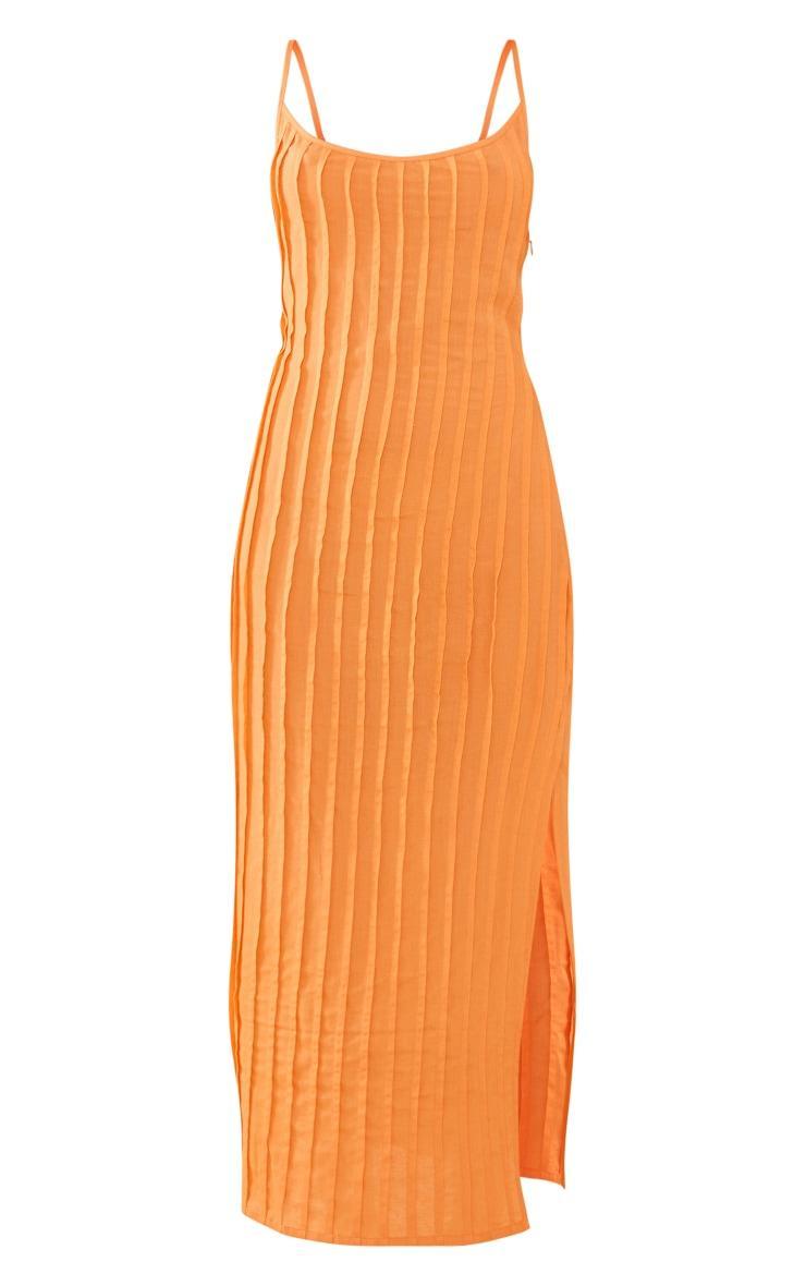 Orange Linen Look Pleat Detail Split Side Midaxi Dress Product Image