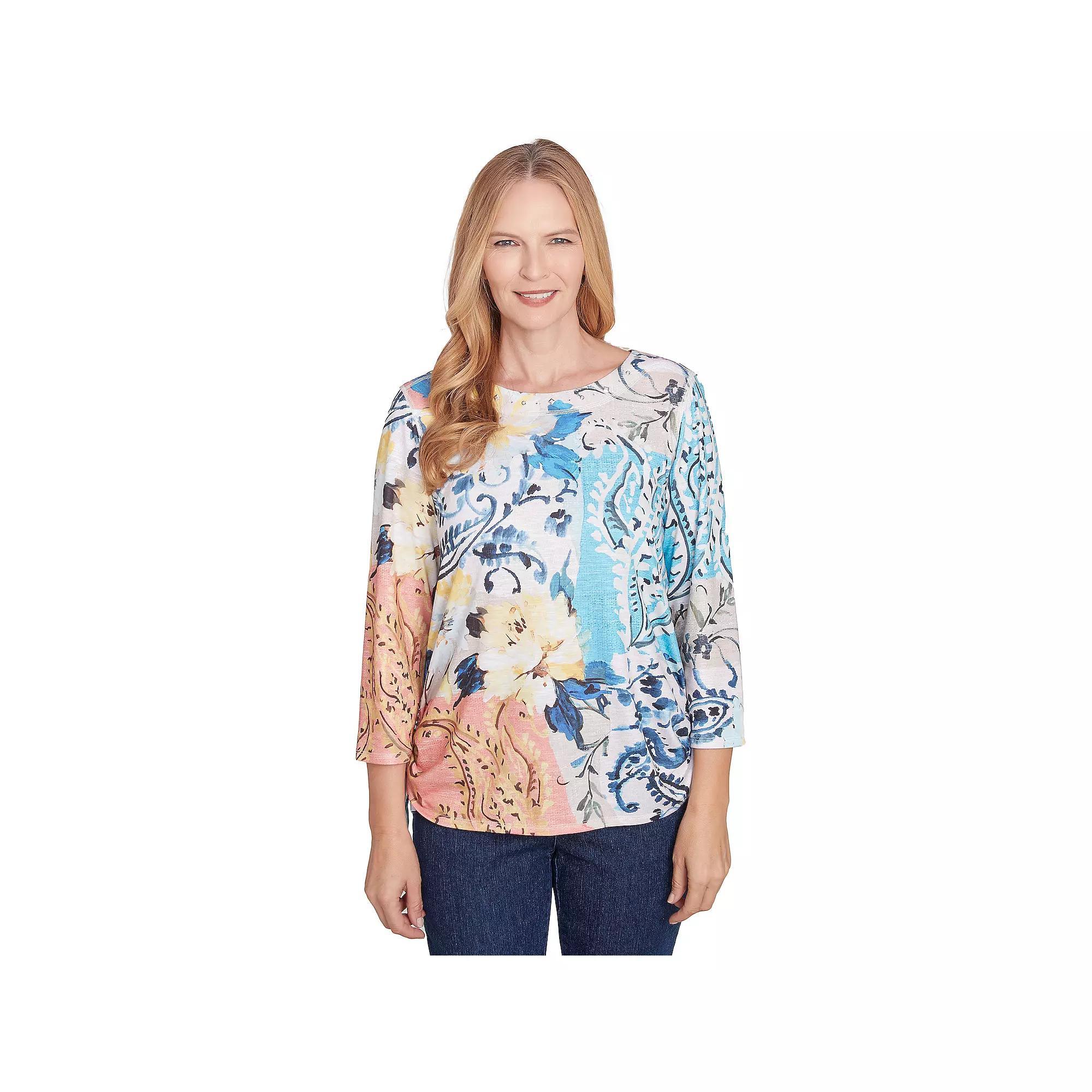 Women's Alfred Dunner Floral Patch Drawstring Side Top,  Product Image