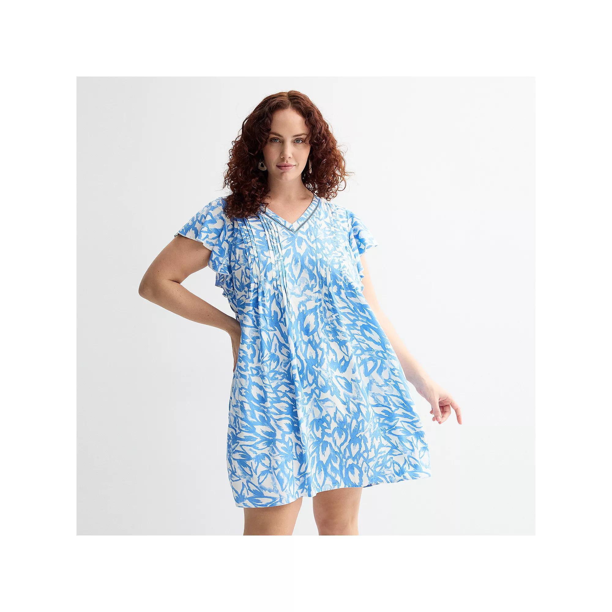 Plus Size Sonoma Goods For Life® Flutter Sleeve Pintuck Dress, Women's, Size: 4XL, White Blue Foliage Product Image