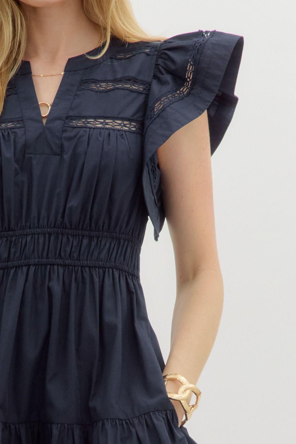 Navy Flutter Sleeve Dress Product Image