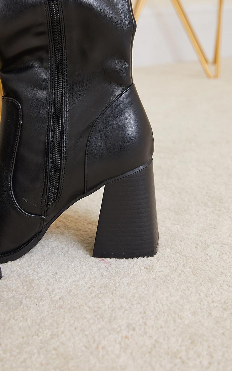 Black PU Square Toe Flare Block Heel Knee High Boots Product Image