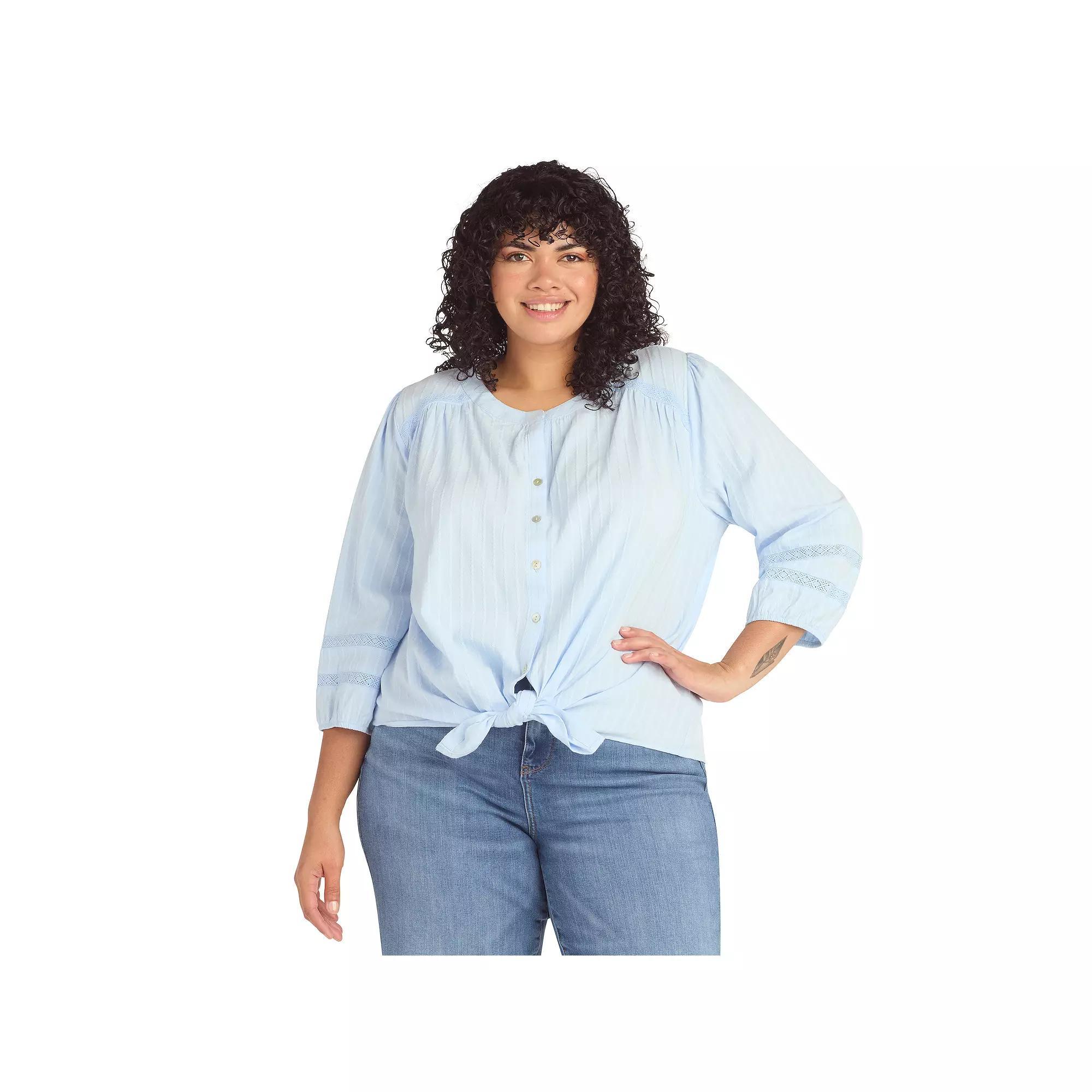 Plus Size AB Studio Three Quarter Sleeve Tie Hem Button Front Shirt, Womens Product Image