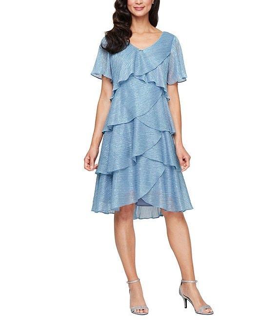 Ignite Evenings Shimmer Tiered Ruffle V-Neck Embellishment Short Flutter Sleeve Shift Dress Product Image