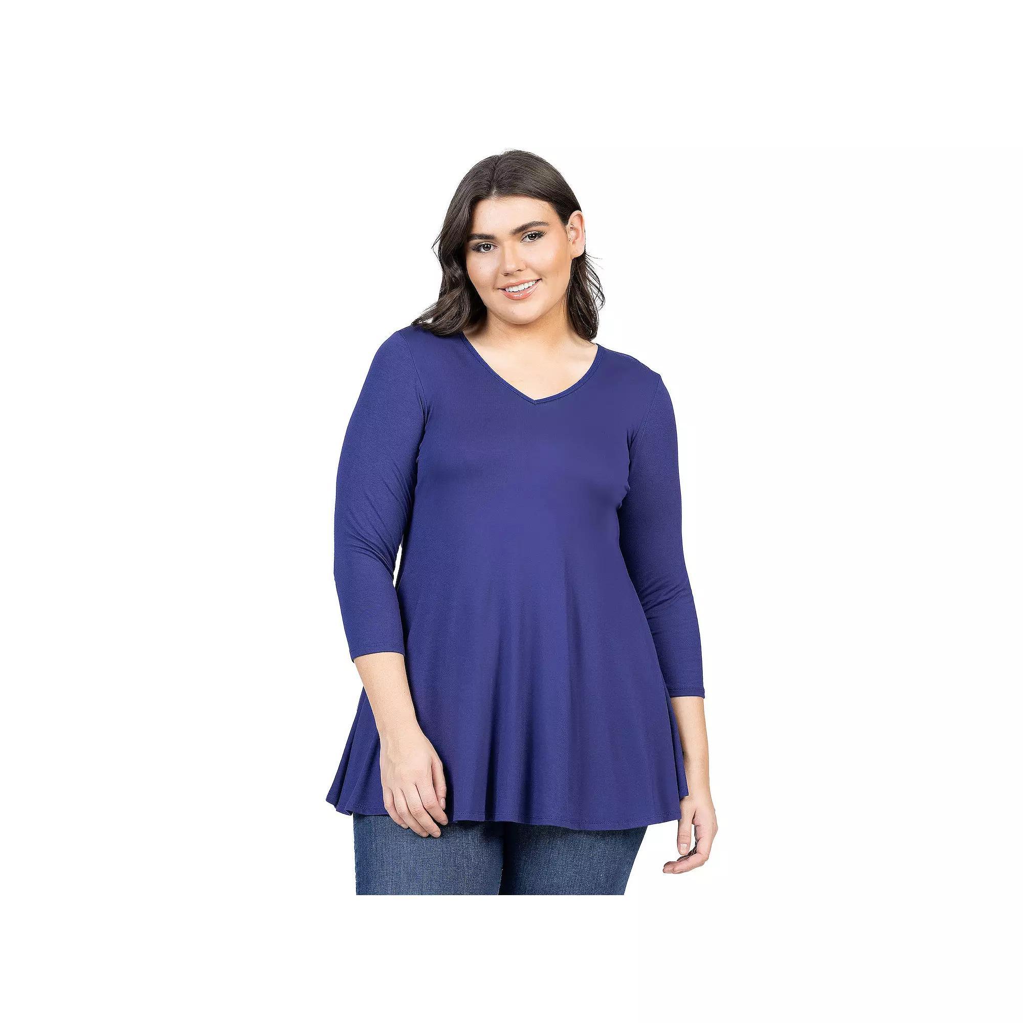 Plus Size 24Seven Comfort Apparel Quarter Sleeve V-Neck Tunic Top, Women's, Size: 2XL, Blue Product Image