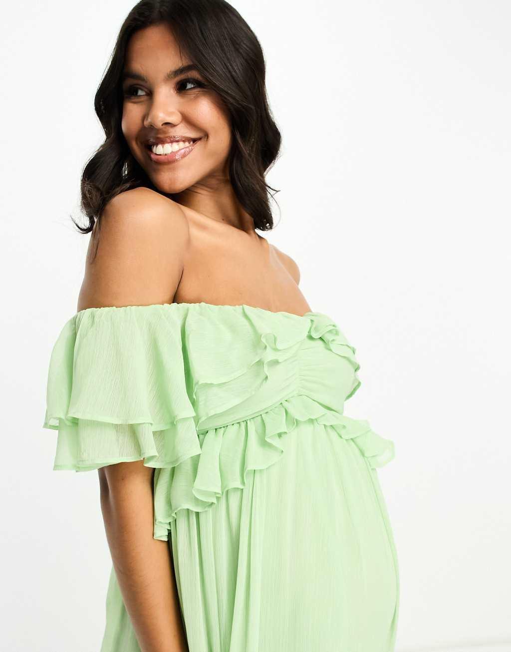 ASOS DESIGN Maternity ruffle cut out off the shoulder maxi dress with hi low hem in sage green Product Image