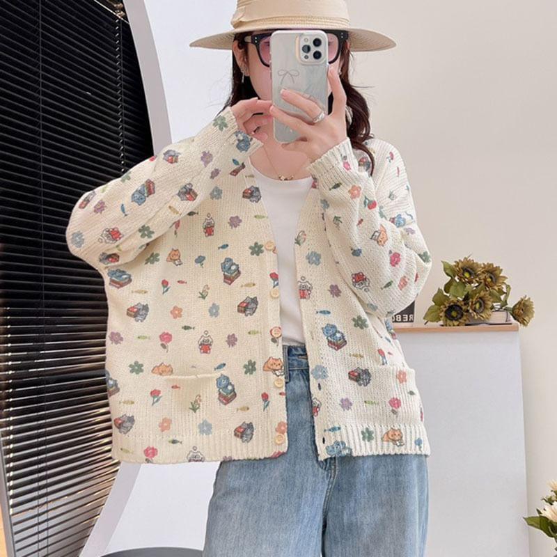 V-Neck Floral Print Button-Up Cardigan Product Image