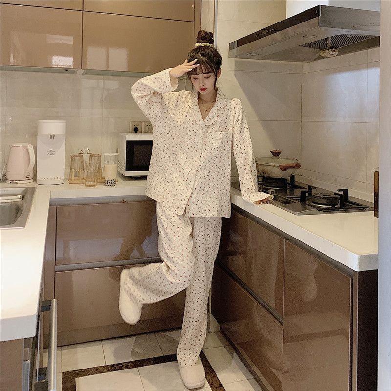 Pajama Set: Cherry Print Long-Sleeve Top + Pants Product Image