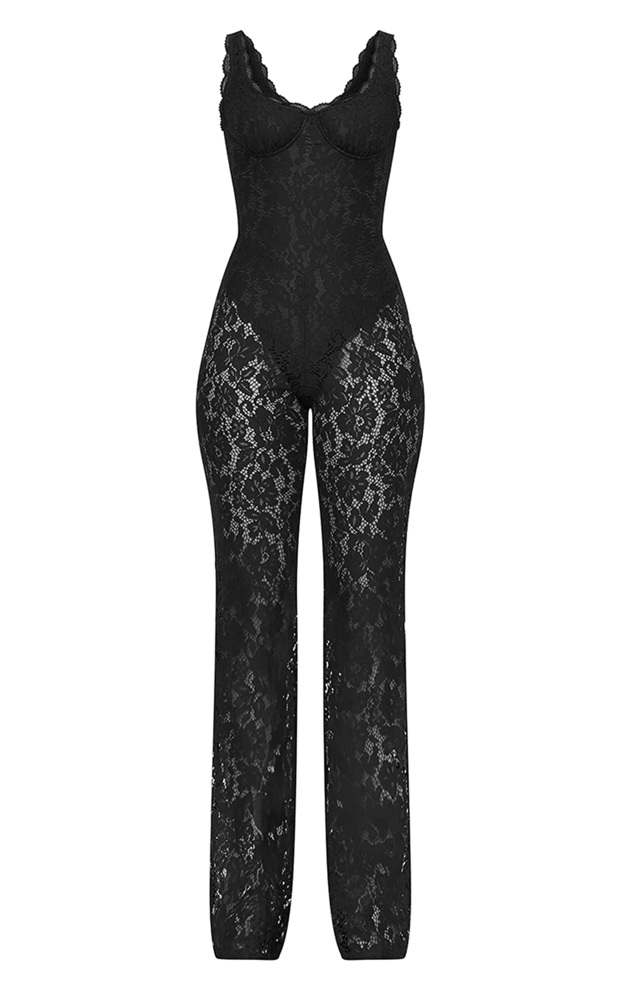 Tall Black Lace Boning Detail Strappy Flared Jumpsuit Product Image