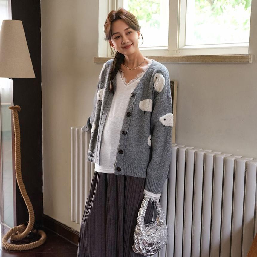 Maternity V-Neck Sheep Jacquard Cardigan Product Image