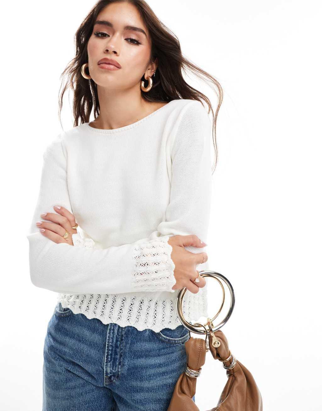 JDY boat neck hem detail sweater in cream Product Image