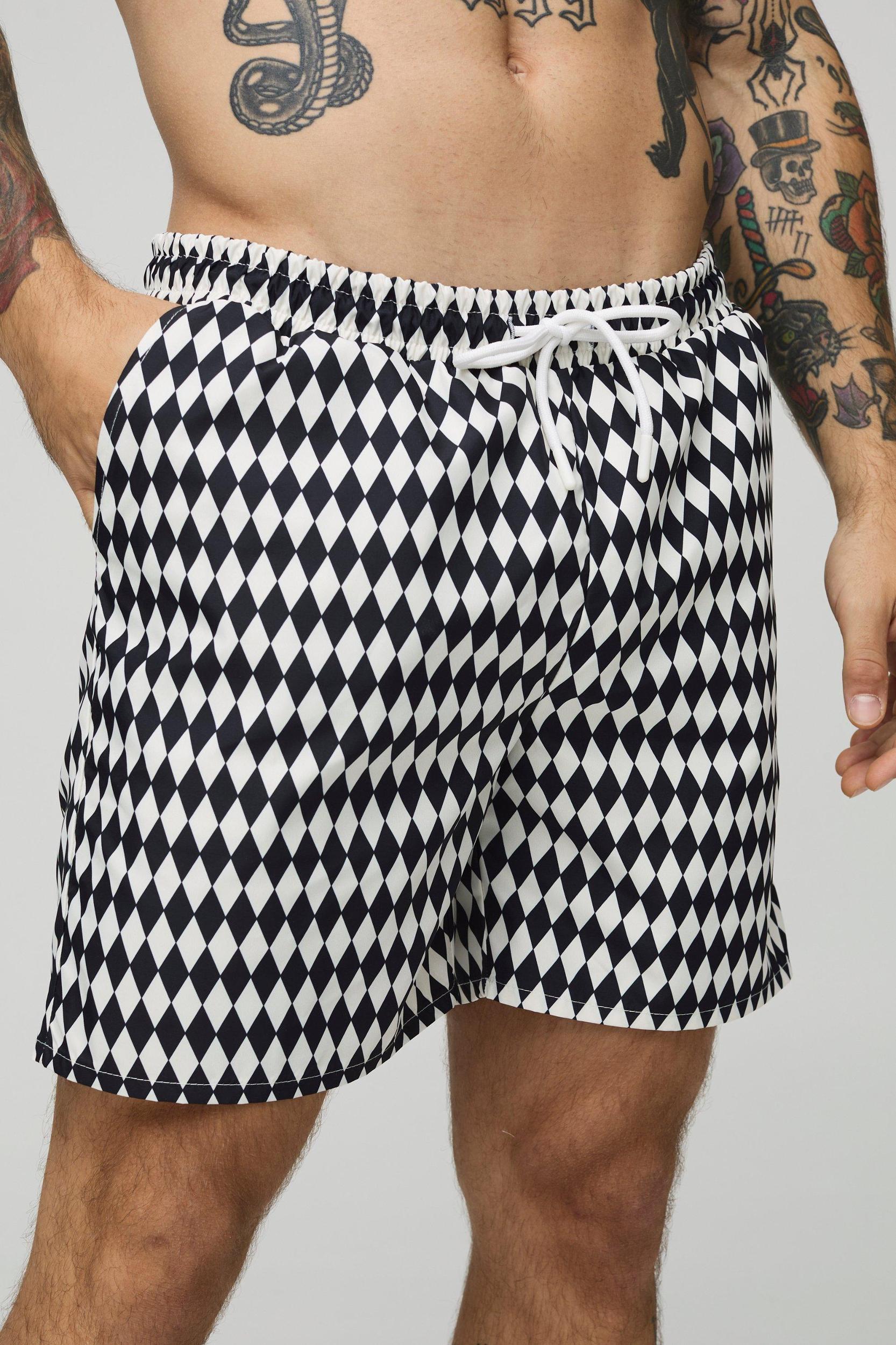 Mid Length Checker Print Swim Trunks | boohooMAN USA Product Image
