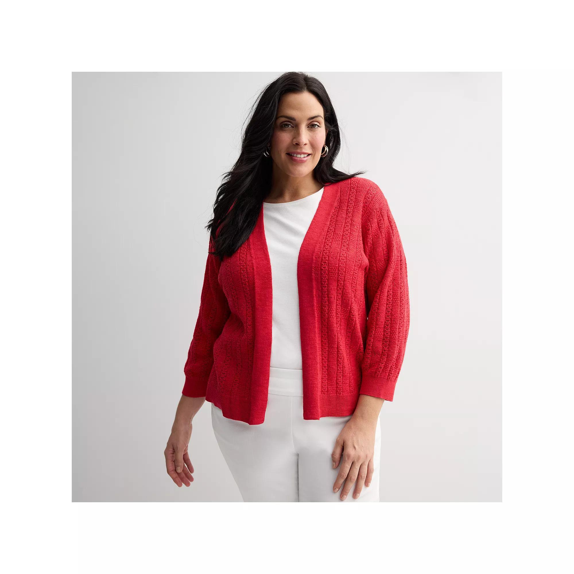 Plus Size Croft & Barrow® Pointelle Basket Open Front Cardigan, Women's, Size: 3XL, Garden Poppy Product Image