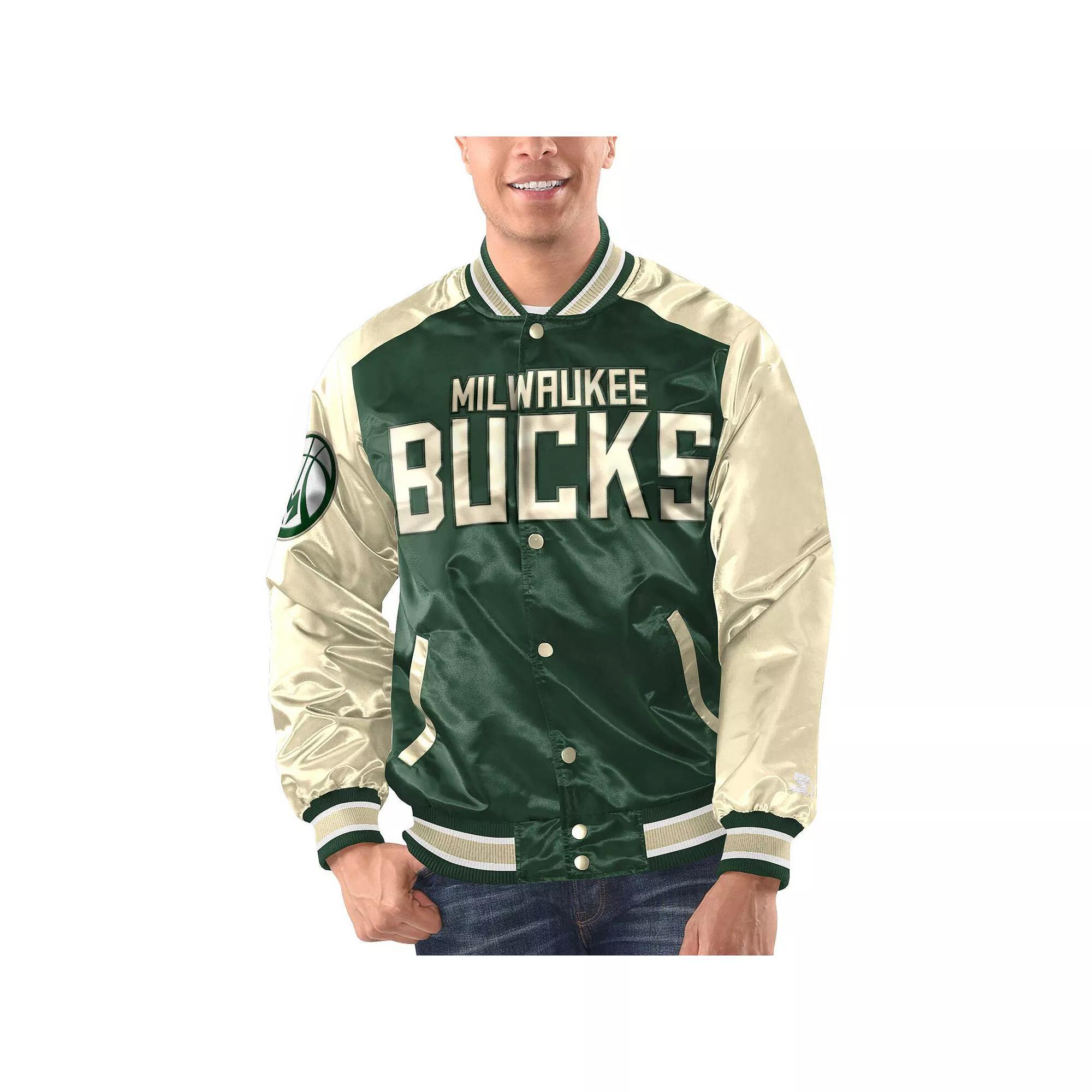 Men's Starter Hunter Green/Cream Milwaukee Bucks Renegade Satin Full-Snap Varsity Jacket, Size: Medium, Team Product Image