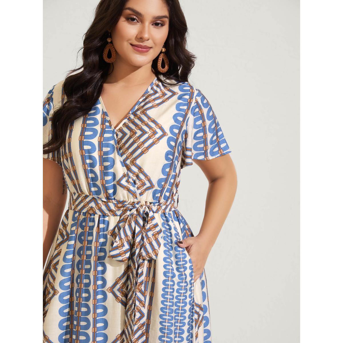 Plus Size Stripe Geometric Print Slit Maxi Dress Aegean Women Overlap Collar Sleeveless Curvy BloomChic 28/5X Product Image