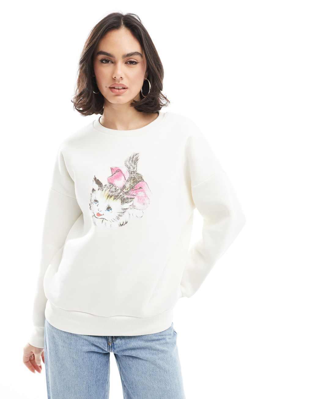 Miss Selfridge oversized cute cat bow sweatshirt Product Image