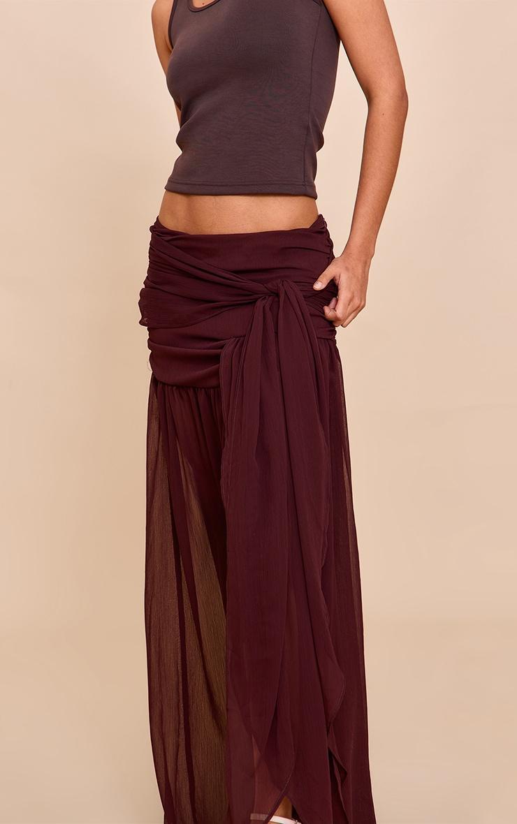 Dark Chocolate Chiffon Lined Tie Front Maxi Skirt Product Image