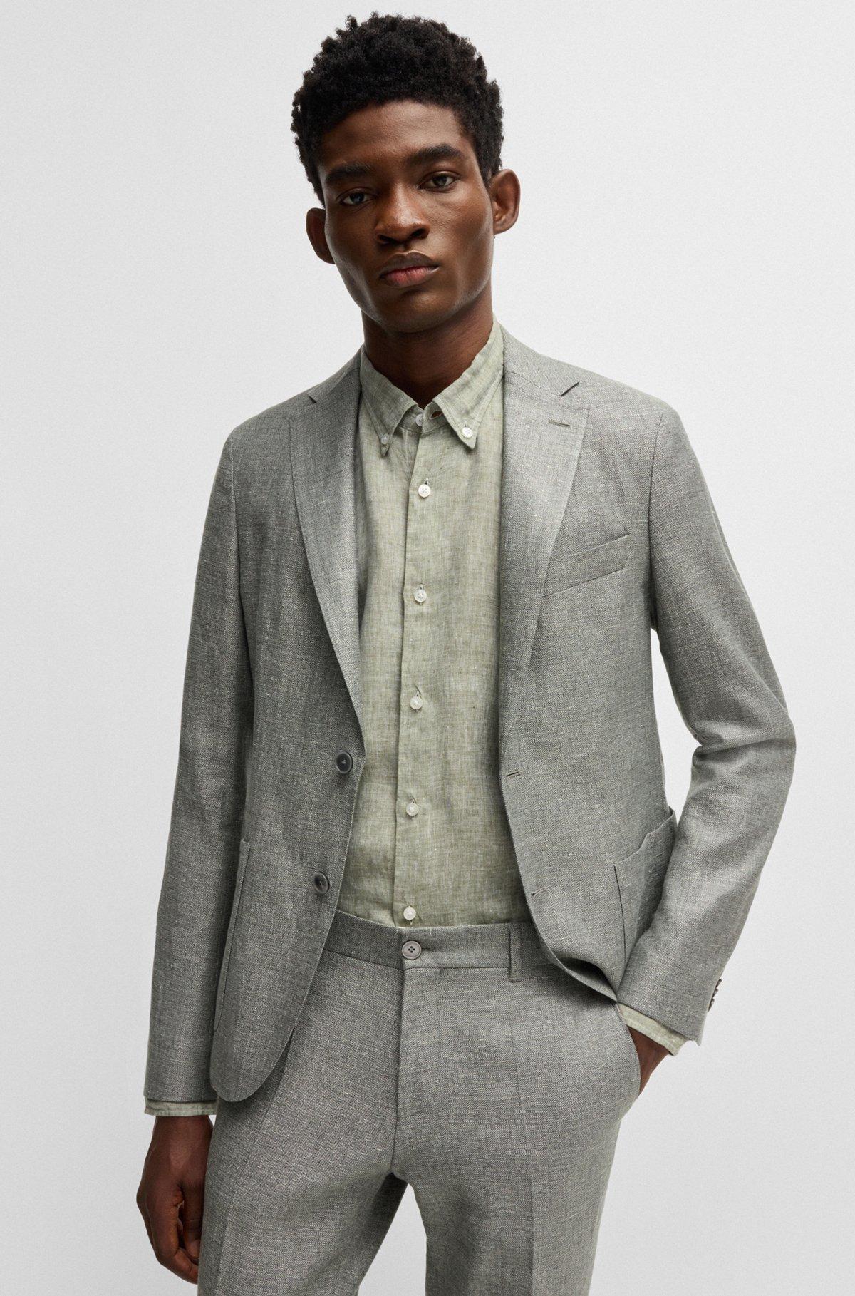 BOSS - Regular-fit button-down shirt in linen - Green Product Image