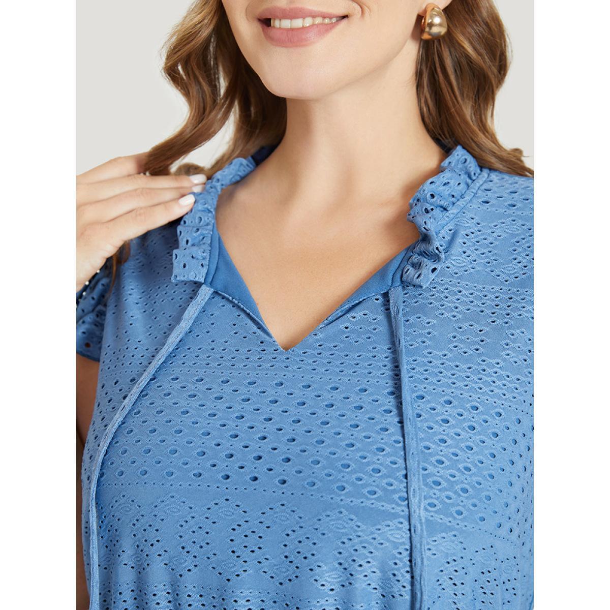 Plus Size Plain Pocket Ruffle Tie Neck Cap Sleeve Broderie Anglaise Dress Blue Women Elegant Lined Tie Neck Cap Sleeve Curvy Midi Dress BloomChic 18-20/2X Product Image