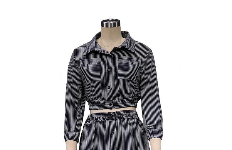 Set: Long-Sleeve Striped Shirt + Midi A-Line Skirt Product Image