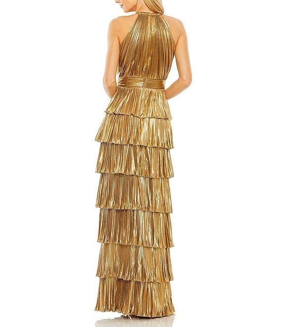 Mac Duggal Halter Neck Sleeveless Pleated Tiered Ruffle Metallic Gown Product Image