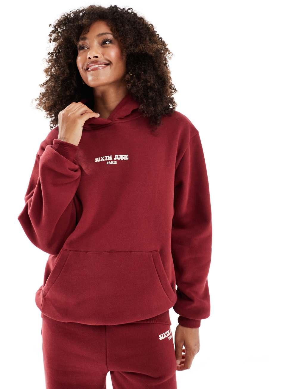 Sixth June back print slogan hoodie in burgundy - part of a set Product Image