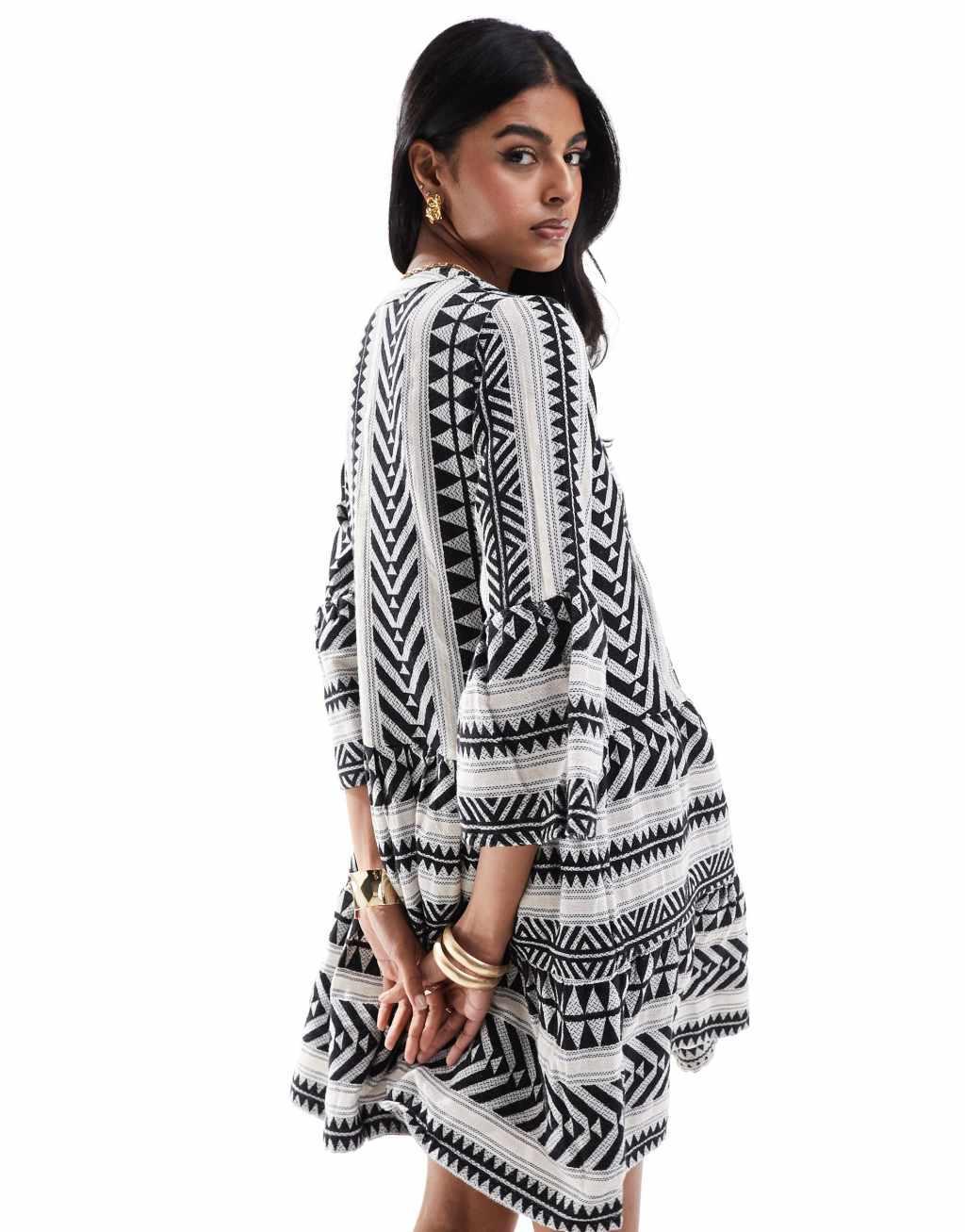 Accessorize patterned print mini beach kaftan in dark brown and white Product Image