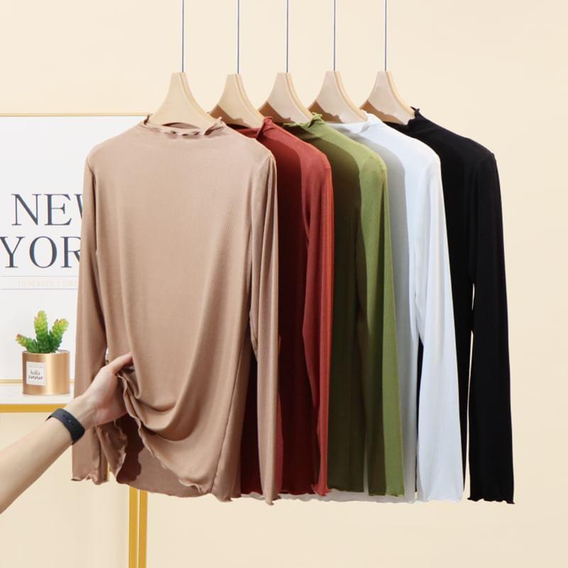 Long-Sleeve Mock Neck Plain Lettuce Edge Slim Fit Tee Product Image