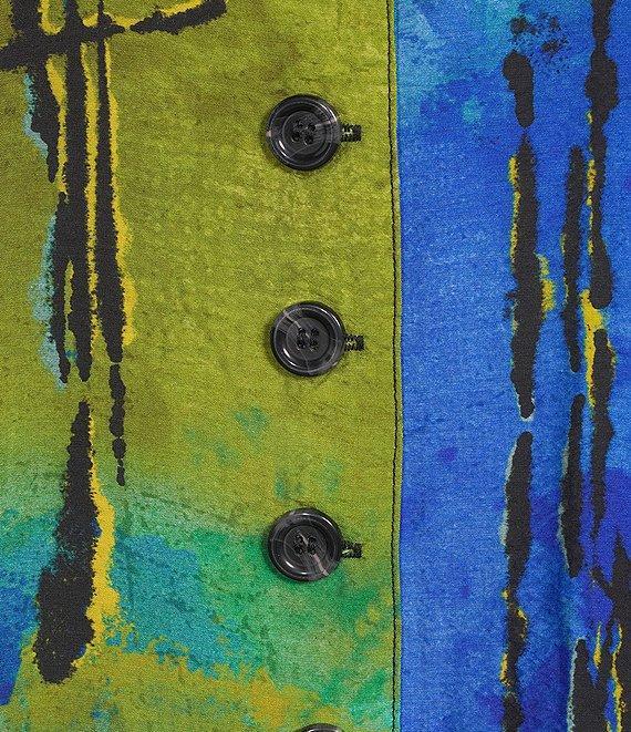 Ali Miles Woven Color Block Print Point Collar 3/4 Sleeve Button Front Tunic Product Image