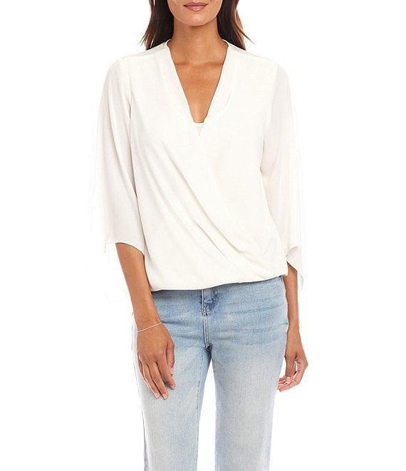 Karen Kane Silky Crepe 3/4 Flutter Sleeve Drape Front Crossover Top Product Image
