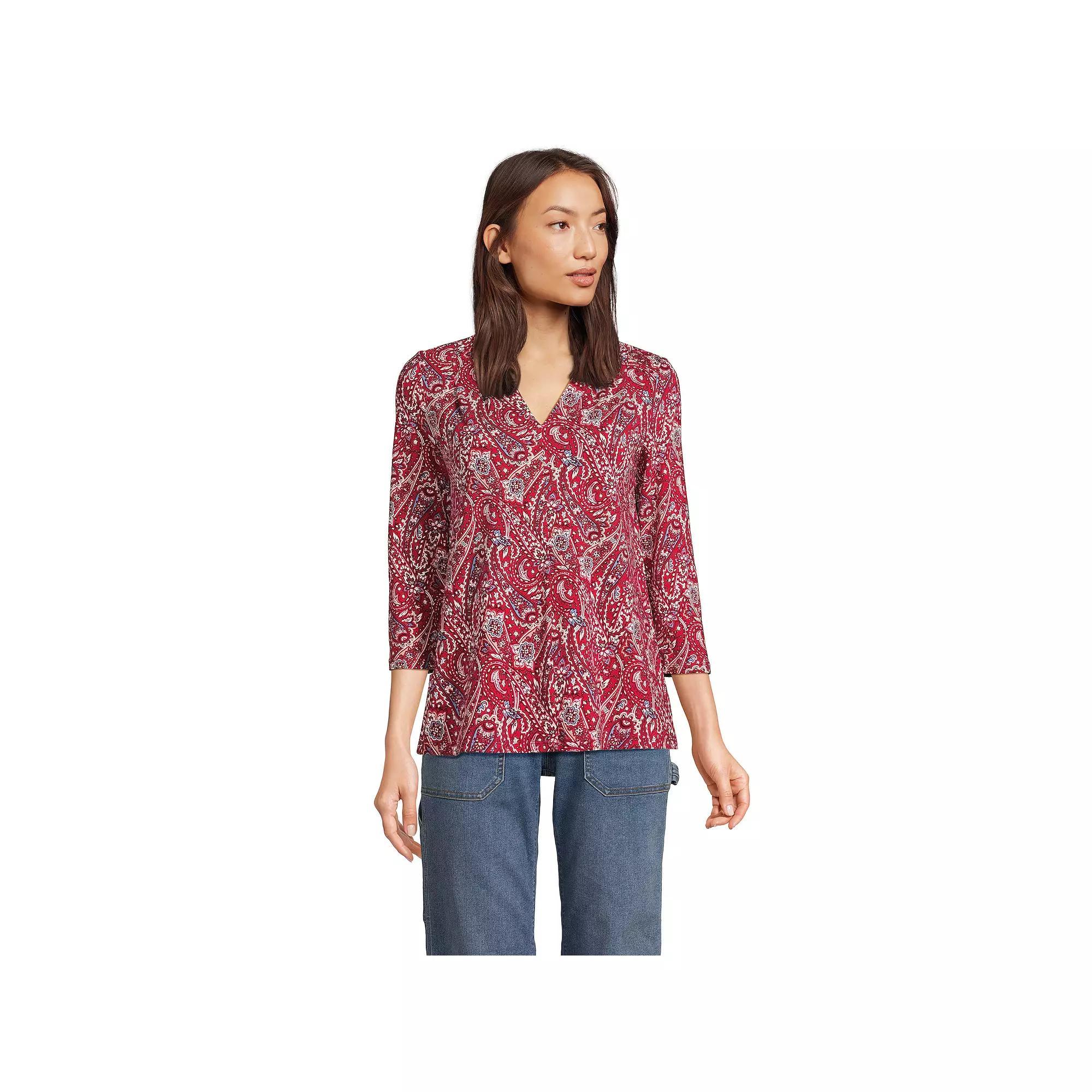 Women's Lands' End 3/4 Sleeve Lightweight Jersey V-Neck Top, Size: XS, Red Swirl Paisley Product Image