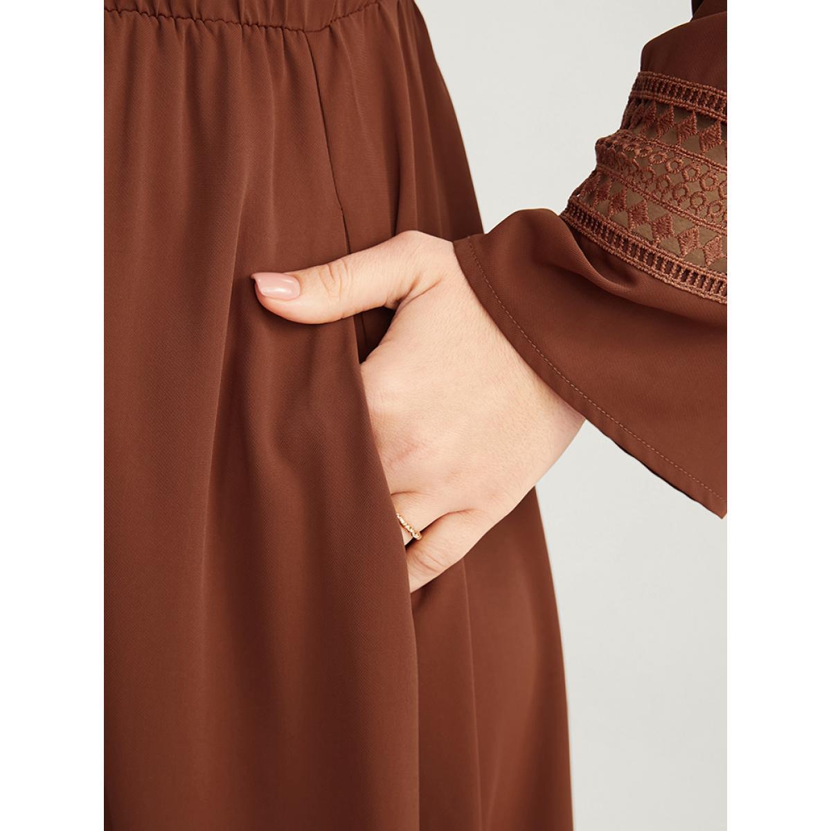 Plus Size Solid V Neck Pocket Contrast Lace Ruffle Hem Dress Russet Women Office Patchwork V-neck Long Sleeve Curvy Midi Dress BloomChic 30/6X Product Image