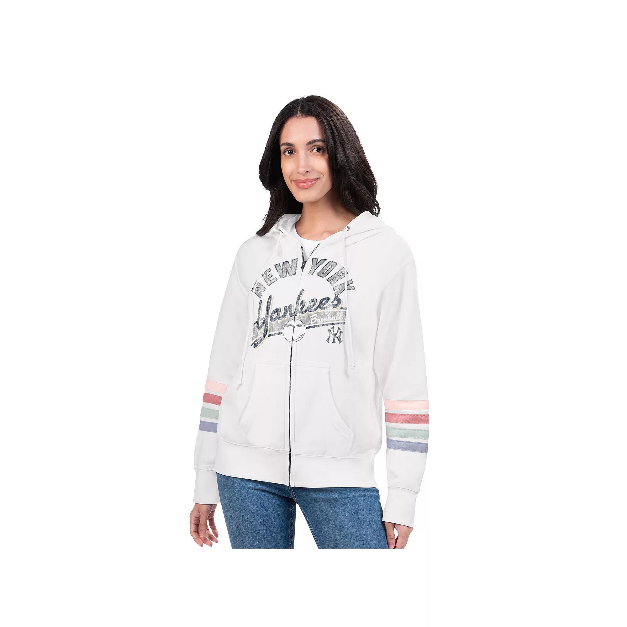 Women's G-III 4Her by Carl Banks White New York Yankees Naamah Sleeve Stripe Fleece Full-Zip Hoodie,  Product Image