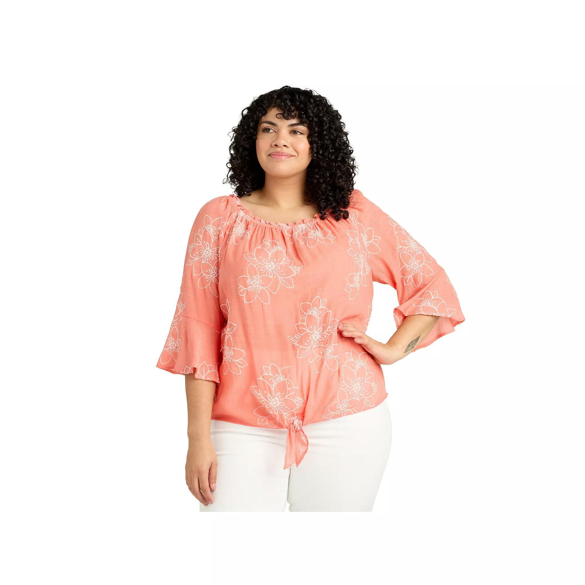 Plus Size AB Studio Off-The-Shoulder Bell Sleeve Top, Womens Guava White Floral Product Image