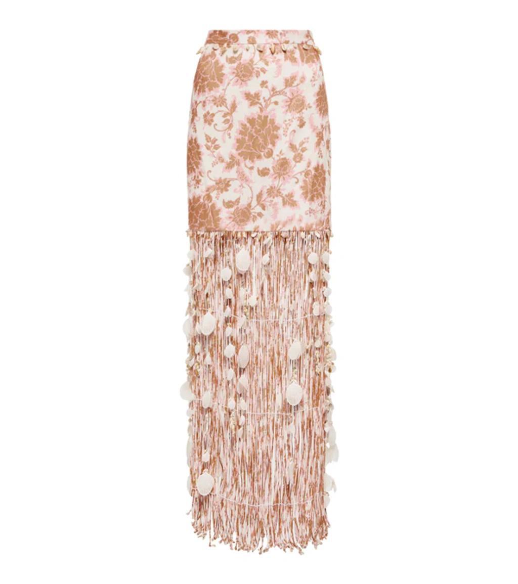 ZIMMERMANN Postcard Fringed Floral Linen Skirt In Tan Tonal Floral Product Image