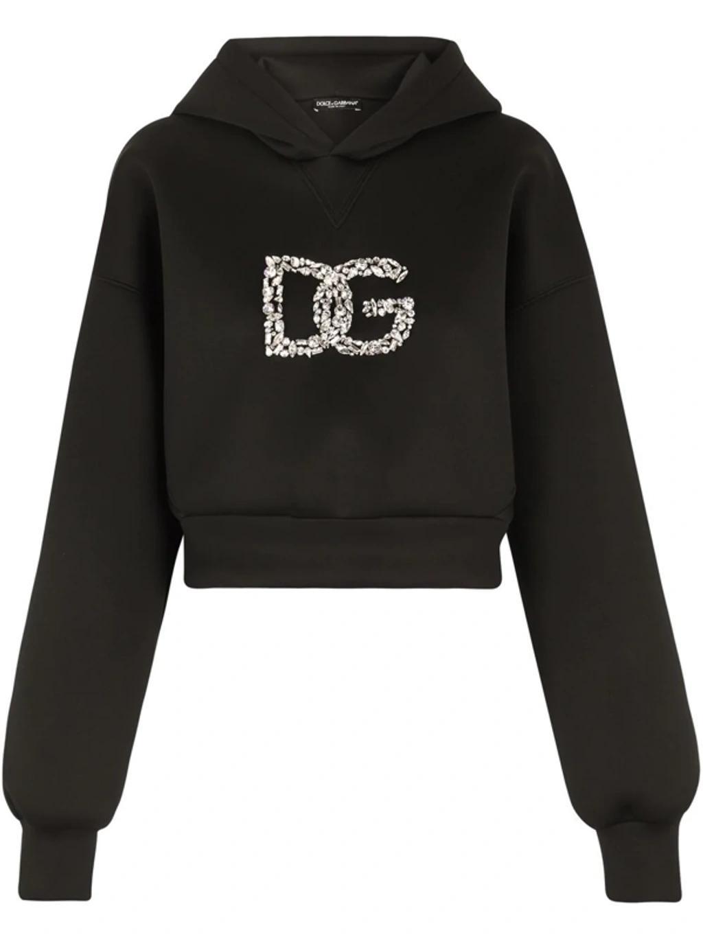 Cropped Crystal-embellished Hoodie In Nero Product Image