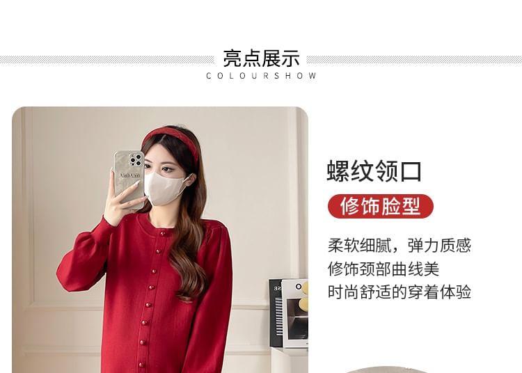 Maternity Long Sleeve Round Neck Plain Button Down Midi A-Line Dress Product Image