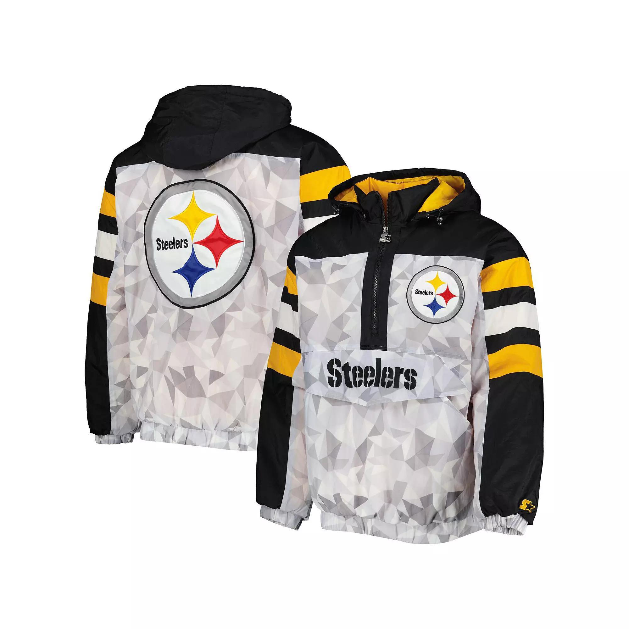 Men's Starter White/Black Pittsburgh Steelers Thursday Night Gridiron Raglan Half-Zip Hooded Jacket, Size: Large Product Image