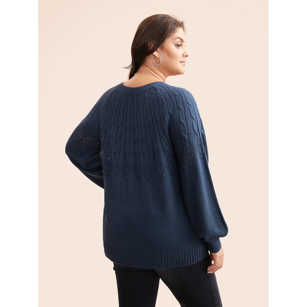 Plus Size Texture Cable Knit Lantern Sleeve Pullover Indigo Women Casual Loose Long Sleeve Round Neck Everyday Pullovers BloomChic 30/6X Product Image