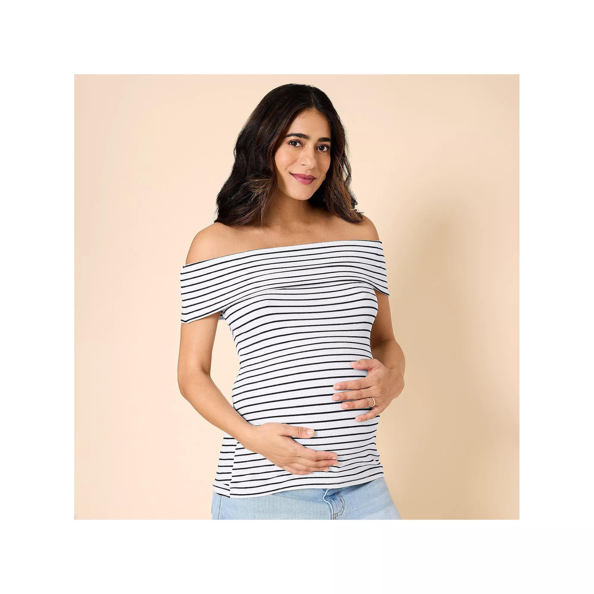 Maternity Motherhood® Off-The-Shoulder Top, Women's, Size: XXL-MAT, White Black Stripe Product Image