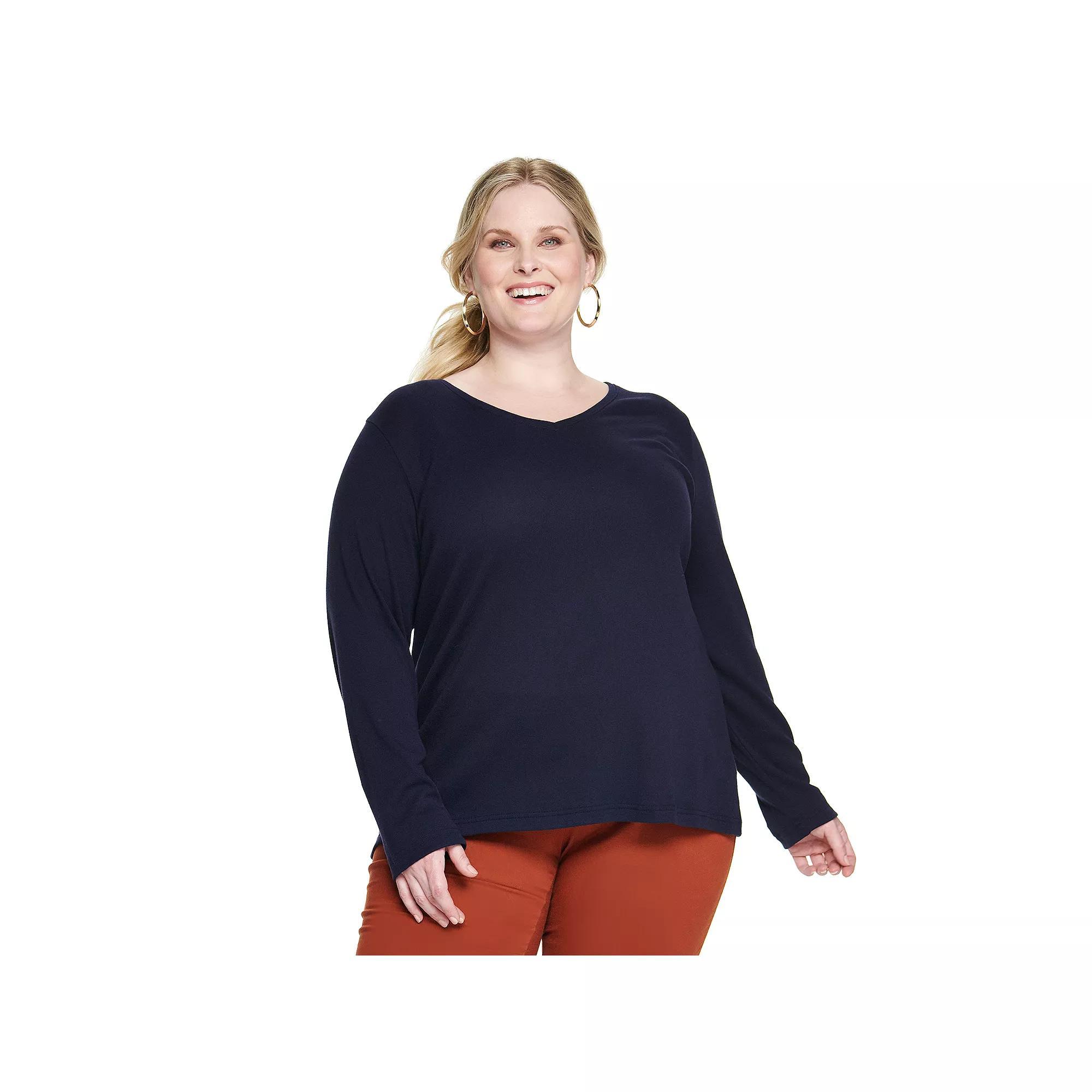 Plus Size Croft & Barrow Essential V-Neck Top, Womens Blue Product Image