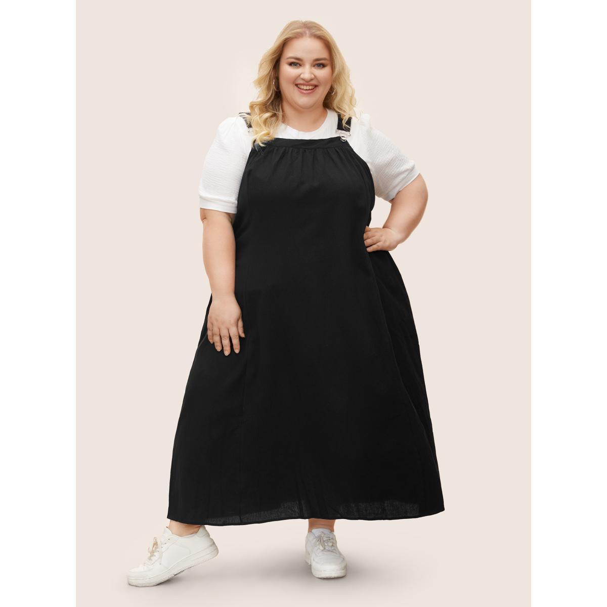 Plus Size Cotton Solid Adjustable Straps Pocket Midi Dress Black Women Leisure Gathered Non Sleeveless Curvy BloomChic 18-20/2X Product Image