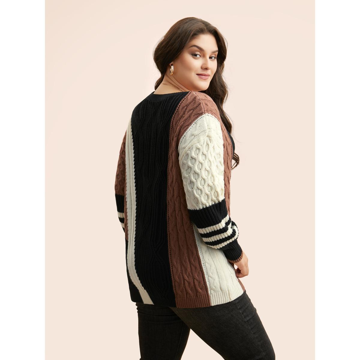 Plus Size Contrast Patchwork Cable Knit Pullover Black Women Casual Loose Long Sleeve Round Neck Everyday Pullovers BloomChic 28/5X Product Image