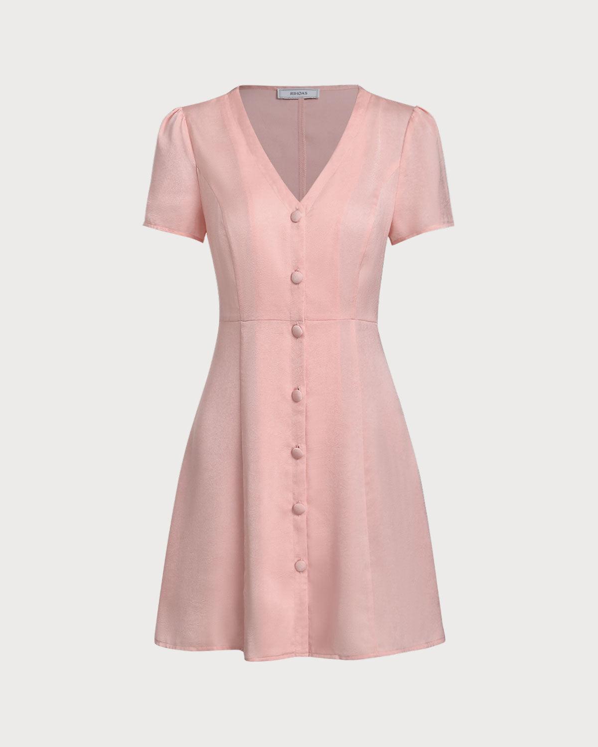 Pink V Neck Button Mini Dress Product Image