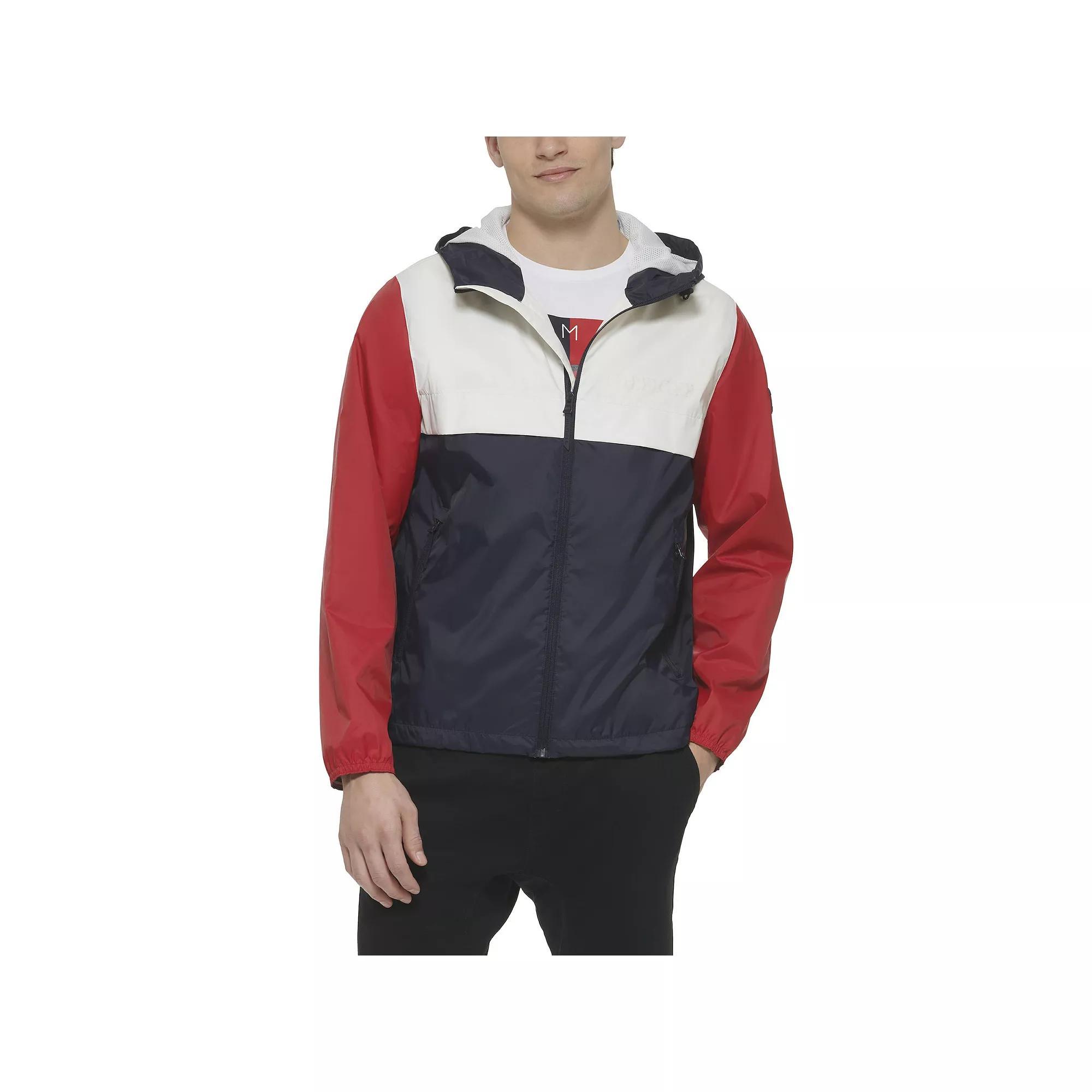 Men's Tommy Hilfiger Logo Patch Hooded Rain Jacket, Size: Medium, Black Red Combo Product Image