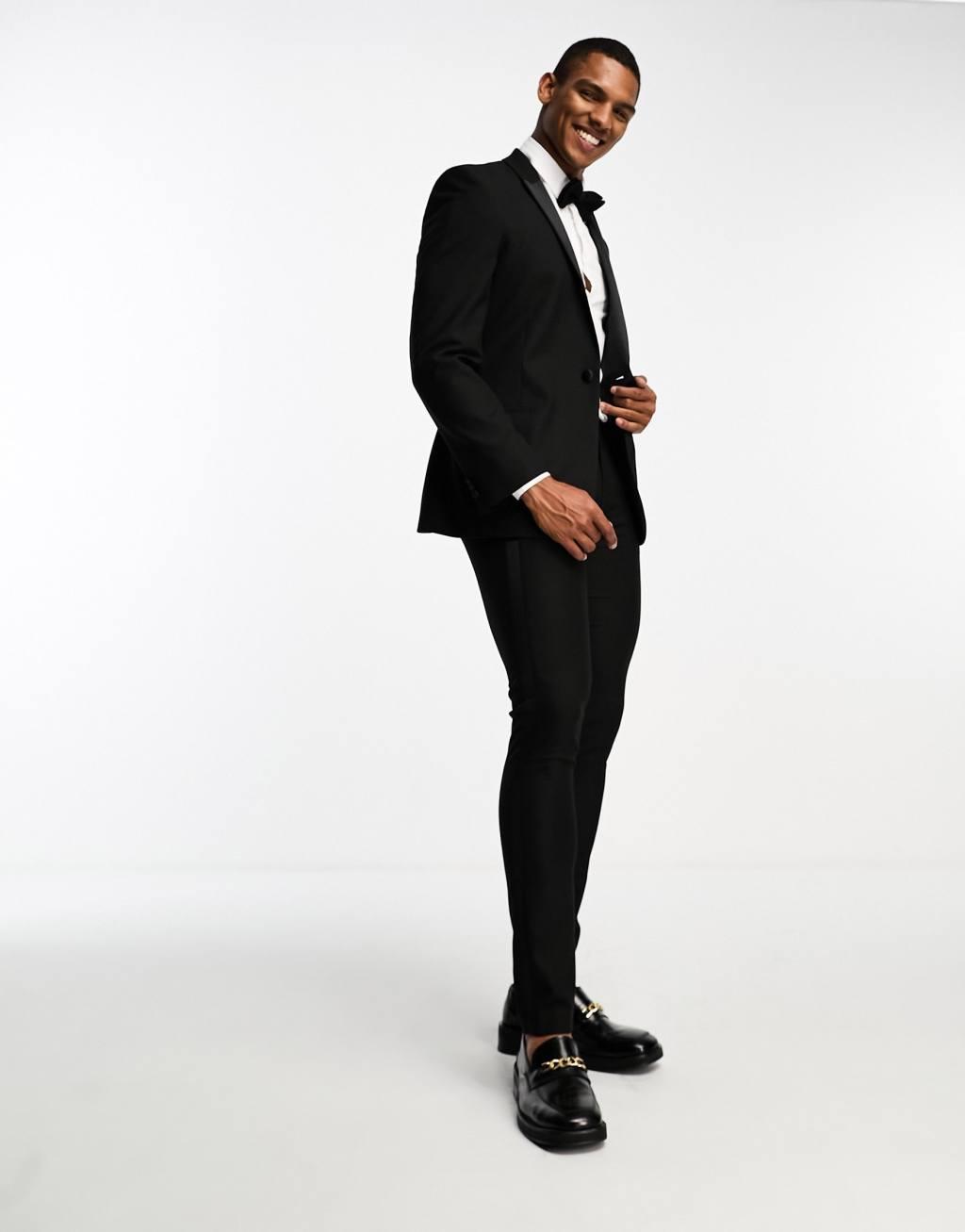 ASOS DESIGN skinny tuxedo suit pants in black Product Image