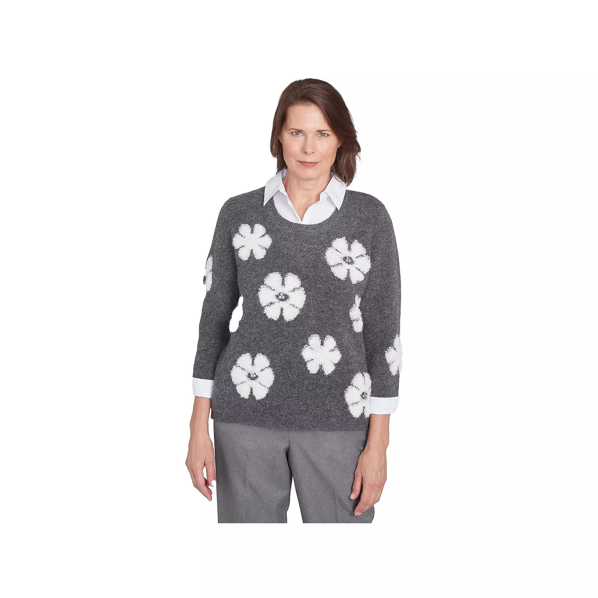 Womens Alfred Dunner Floral Collared Two-In-One Sweater Grey Product Image